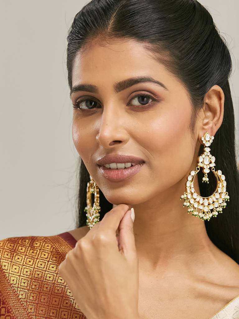 Elegant Gold-Plated Kundan Chandbali Earrings With Green Beads : YI24A0182E