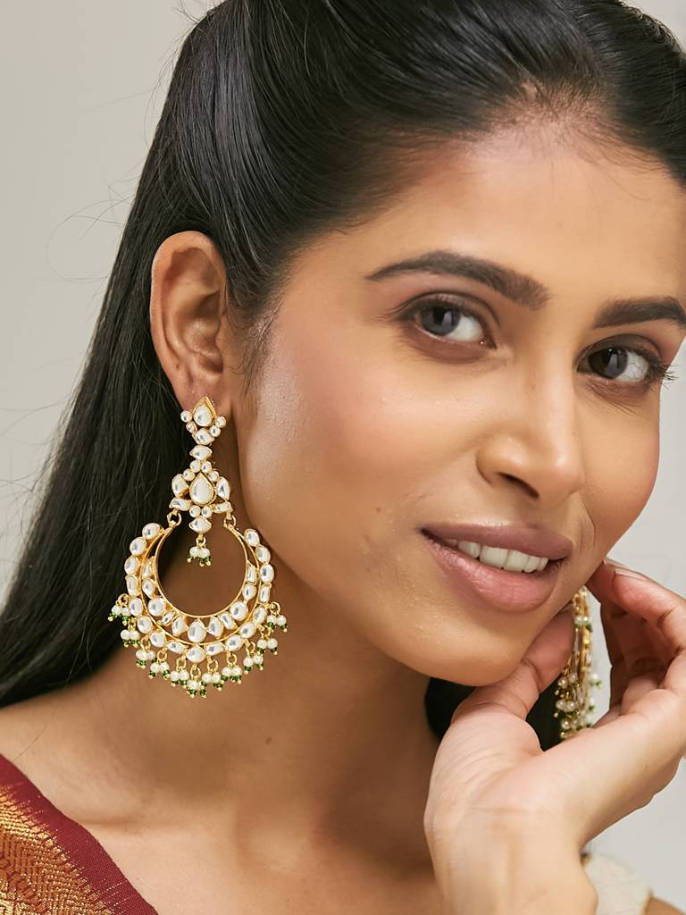 Elegant Gold-Plated Kundan Chandbali Earrings With Green Beads : YI24A0182E
