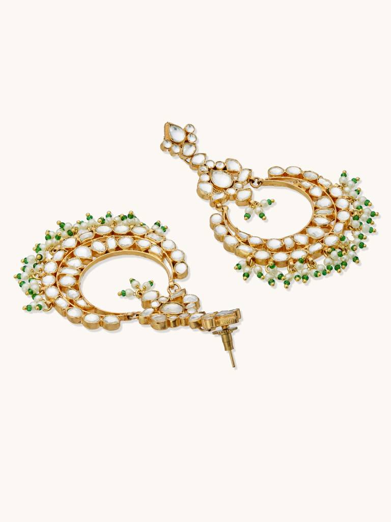 Elegant Gold-Plated Kundan Chandbali Earrings With Green Beads : YI24A0182E
