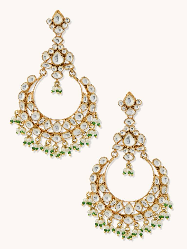Elegant Gold-Plated Kundan Chandbali Earrings With Green Beads : YI24A0182E