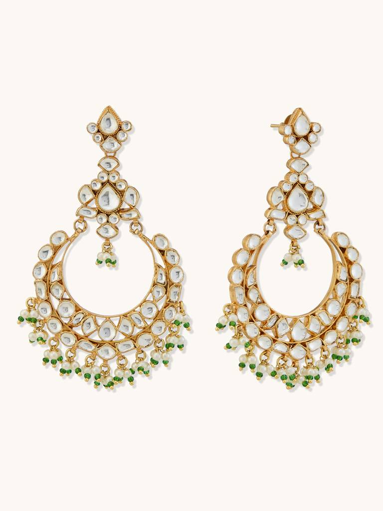Elegant Gold-Plated Kundan Chandbali Earrings With Green Beads : YI24A0182E