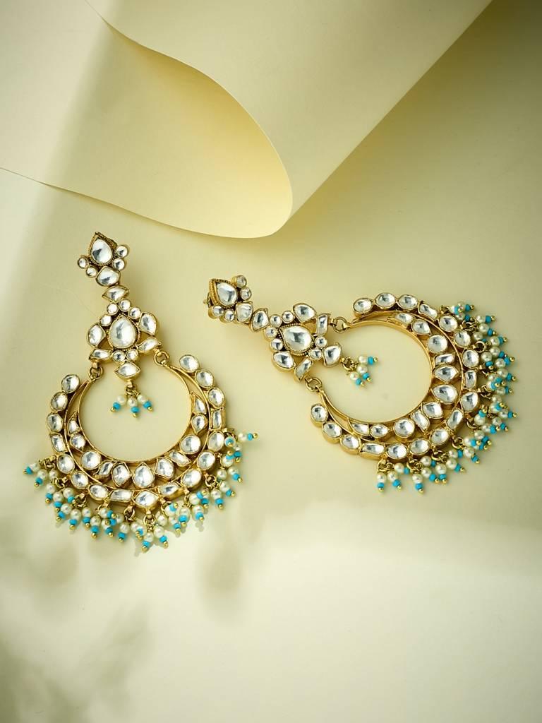 Elegant Gold-Plated Kundan Hoop Earrings With Blue Bead Accents : YI24A0183E
