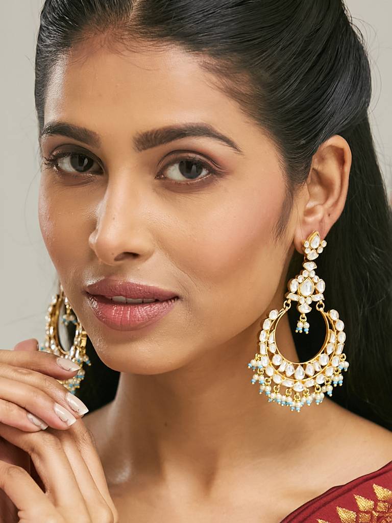 Elegant Gold-Plated Kundan Hoop Earrings With Blue Bead Accents : YI24A0183E