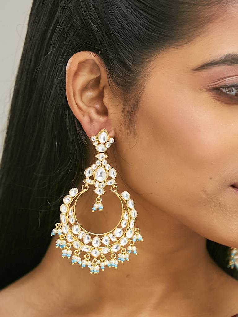 Elegant Gold-Plated Kundan Hoop Earrings With Blue Bead Accents : YI24A0183E