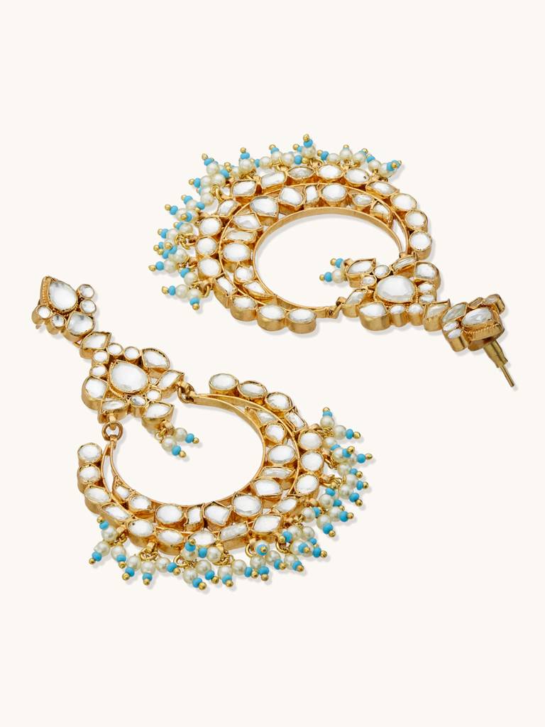 Elegant Gold-Plated Kundan Hoop Earrings With Blue Bead Accents : YI24A0183E