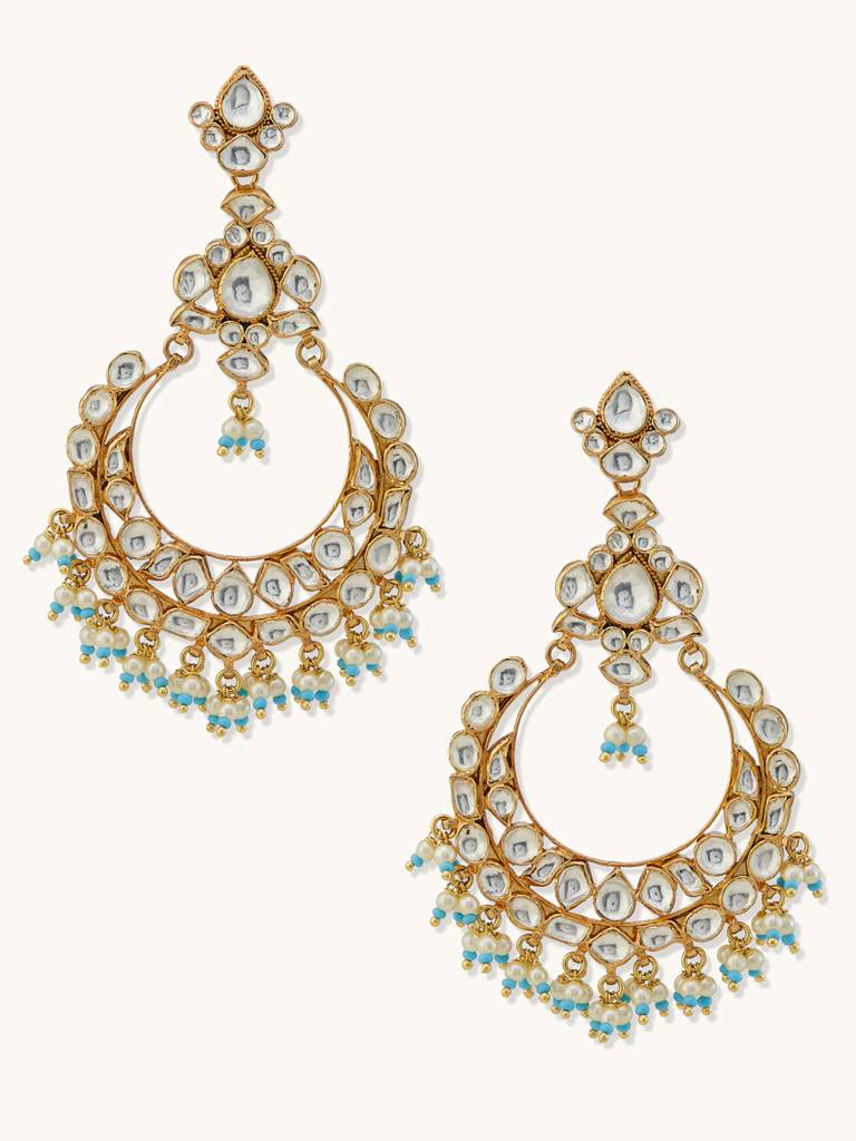 Elegant Gold-Plated Kundan Hoop Earrings With Blue Bead Accents : YI24A0183E