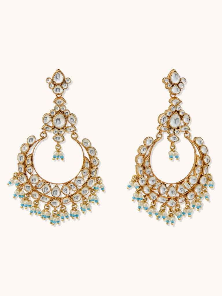 Elegant Gold-Plated Kundan Hoop Earrings With Blue Bead Accents : YI24A0183E