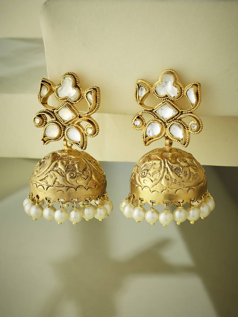 Elegant Gold-Plated Pearl Jhumka Earrings With Intricate Design : YI24A0188E
