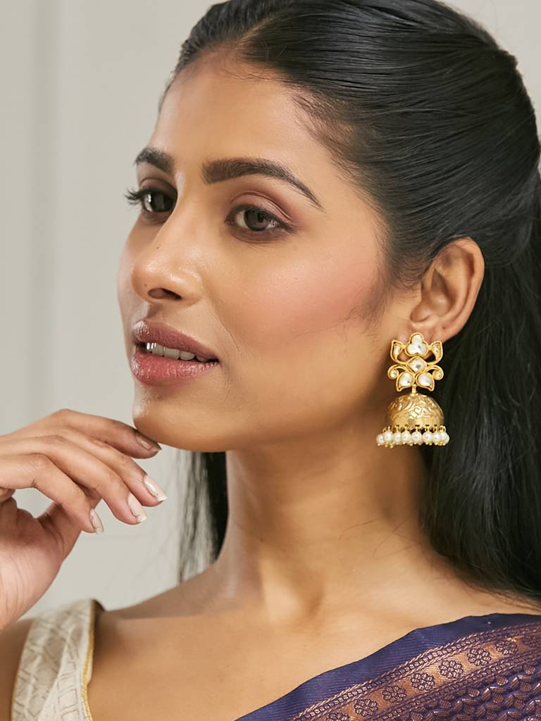Elegant Gold-Plated Pearl Jhumka Earrings With Intricate Design : YI24A0188E