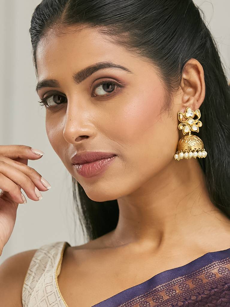 Elegant Gold-Plated Pearl Jhumka Earrings With Intricate Design : YI24A0188E