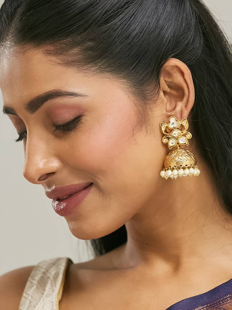 Elegant Gold-Plated Pearl Jhumka Earrings With Intricate Design : YI24A0188E