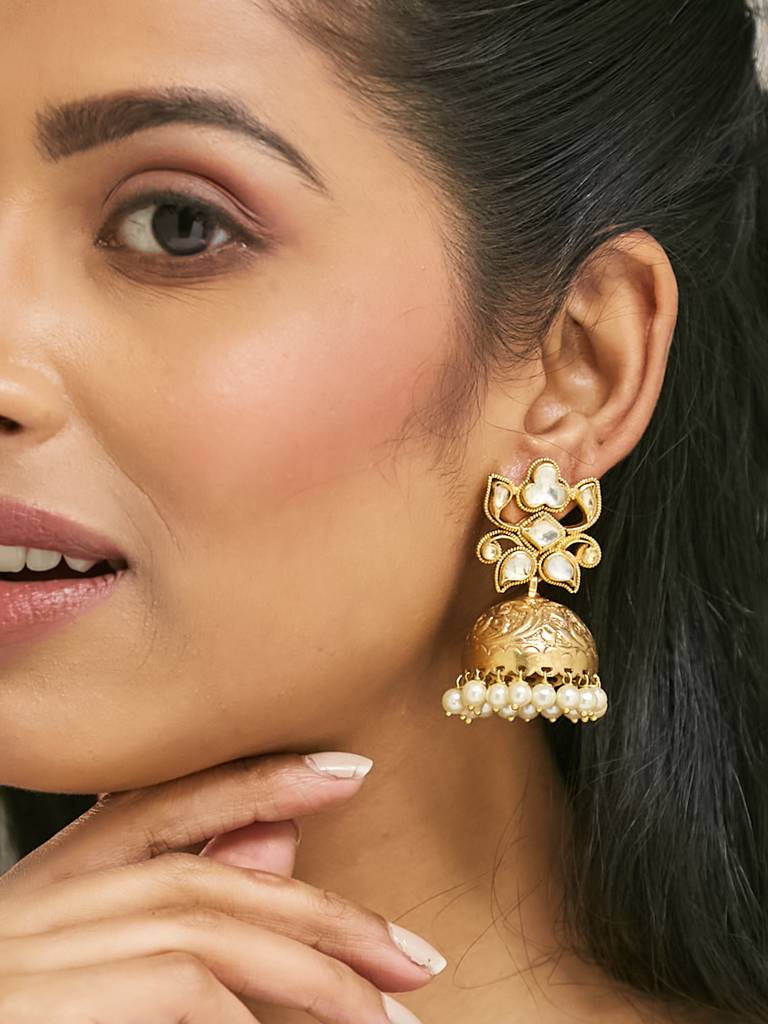 Elegant Gold-Plated Pearl Jhumka Earrings With Intricate Design : YI24A0188E