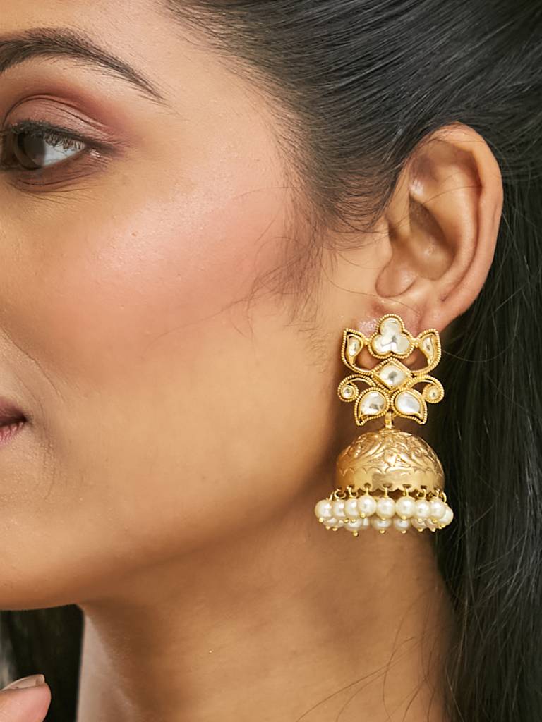 Elegant Gold-Plated Pearl Jhumka Earrings With Intricate Design : YI24A0188E