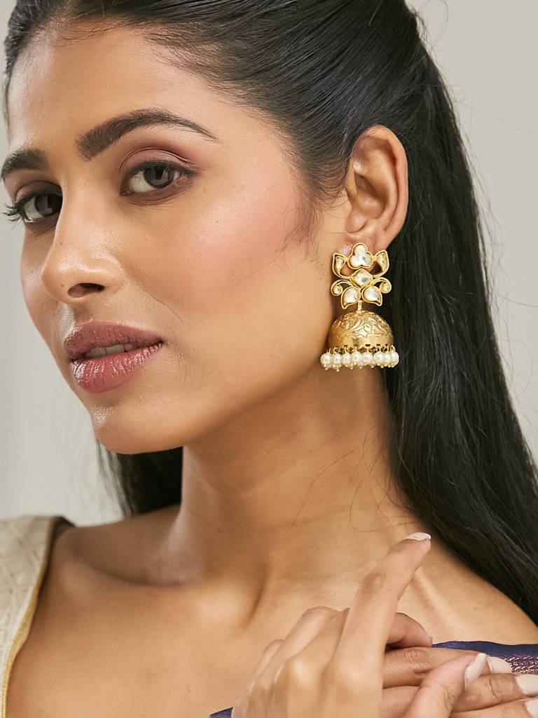 Elegant Gold-Plated Pearl Jhumka Earrings With Intricate Design : YI24A0188E