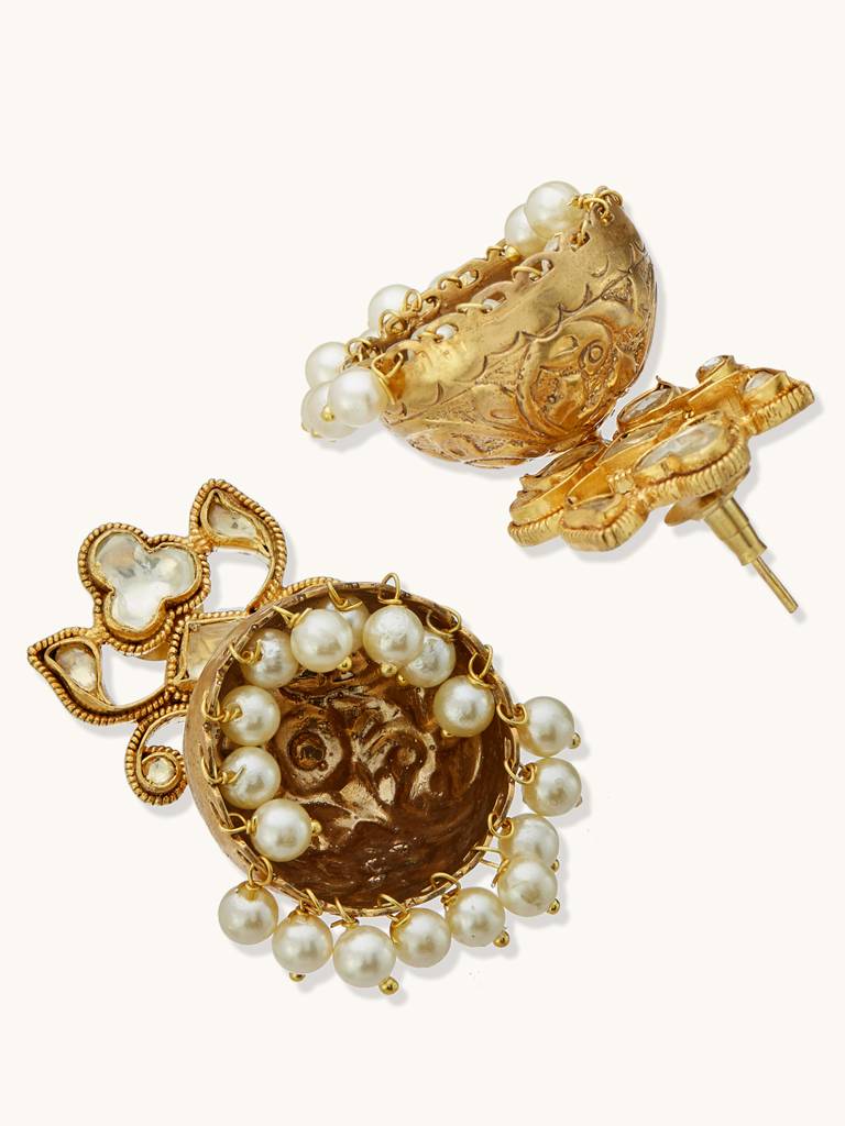Elegant Gold-Plated Pearl Jhumka Earrings With Intricate Design : YI24A0188E