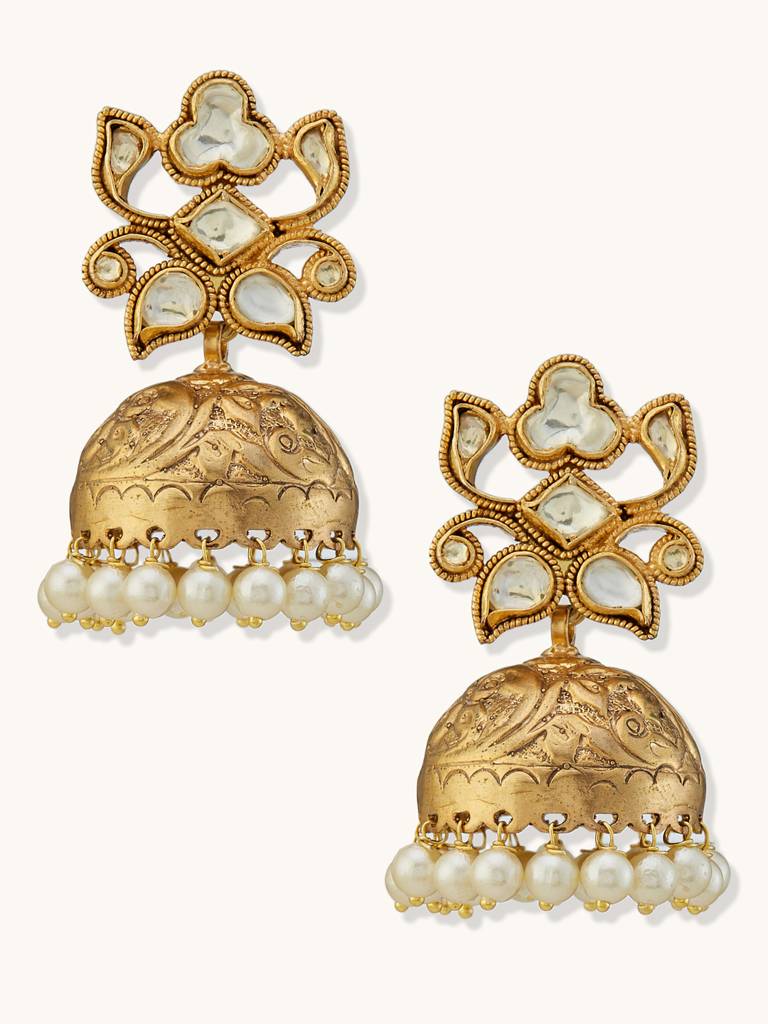 Elegant Gold-Plated Pearl Jhumka Earrings With Intricate Design : YI24A0188E