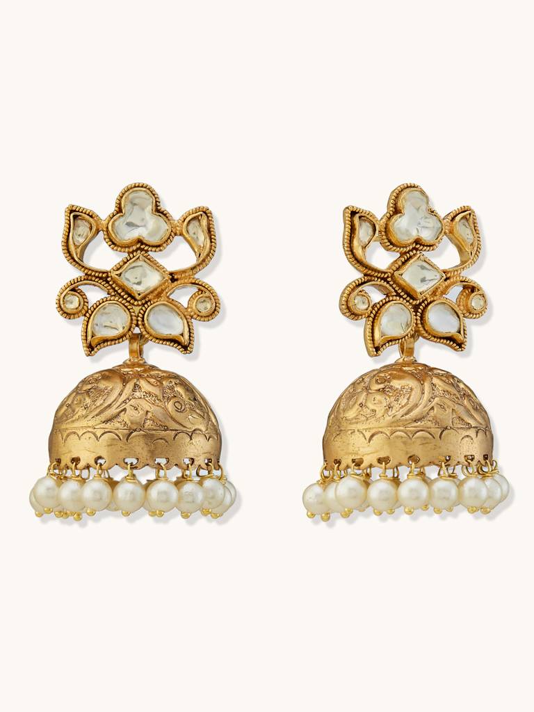 Elegant Gold-Plated Pearl Jhumka Earrings With Intricate Design : YI24A0188E