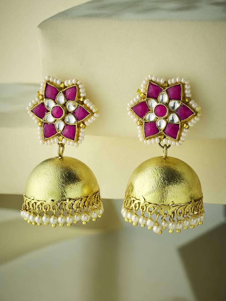 Elegant Gold-Plated Jhumka Earrings With Ruby And Pearl Accents : YI24A0193E