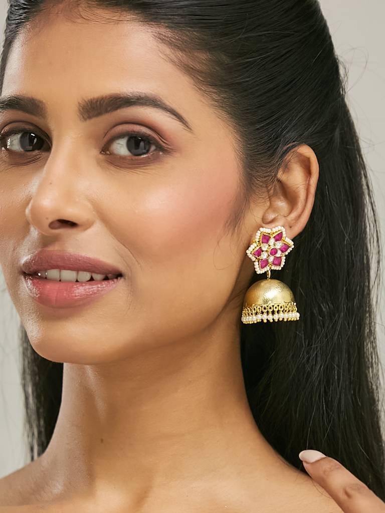 Elegant Gold-Plated Jhumka Earrings With Ruby And Pearl Accents : YI24A0193E