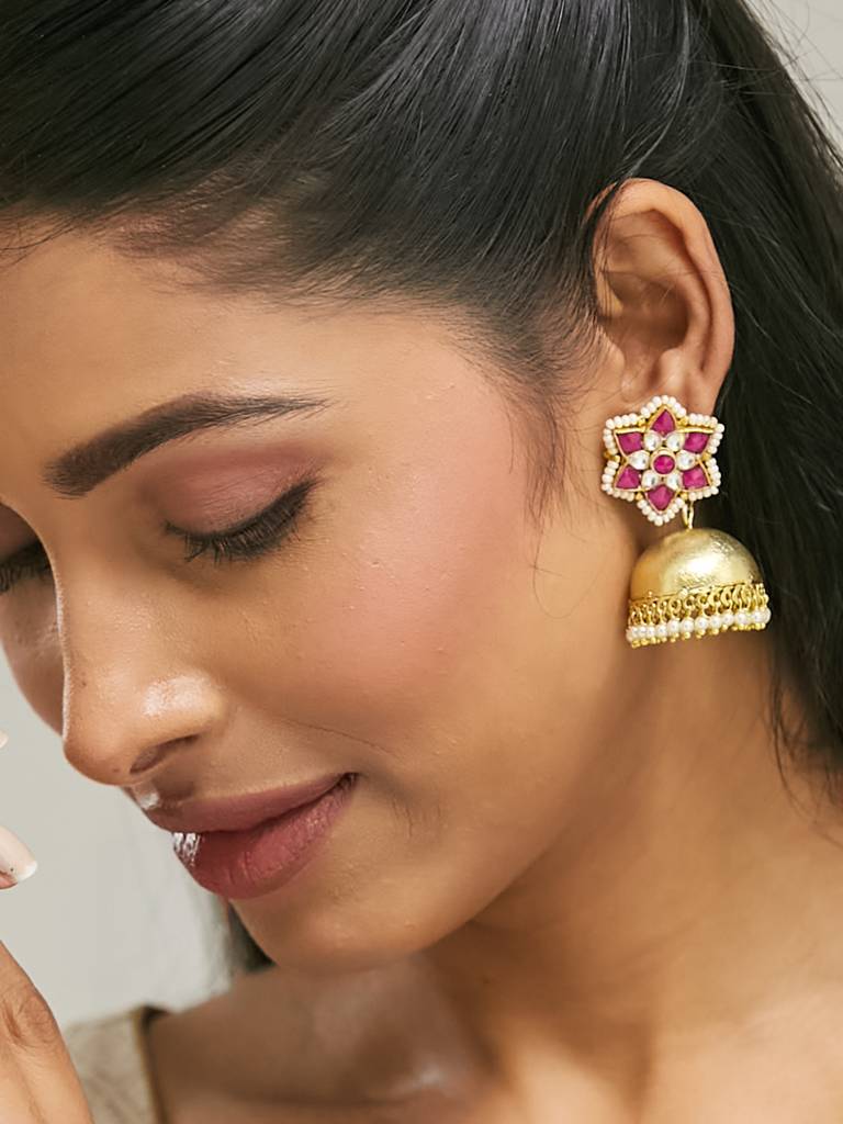 Elegant Gold-Plated Jhumka Earrings With Ruby And Pearl Accents : YI24A0193E
