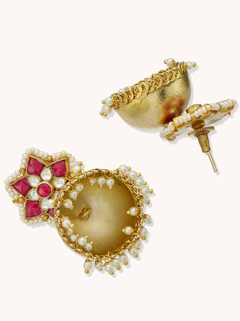 Elegant Gold-Plated Jhumka Earrings With Ruby And Pearl Accents : YI24A0193E