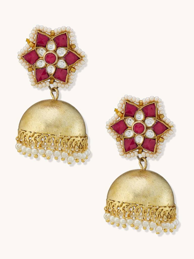 Elegant Gold-Plated Jhumka Earrings With Ruby And Pearl Accents : YI24A0193E