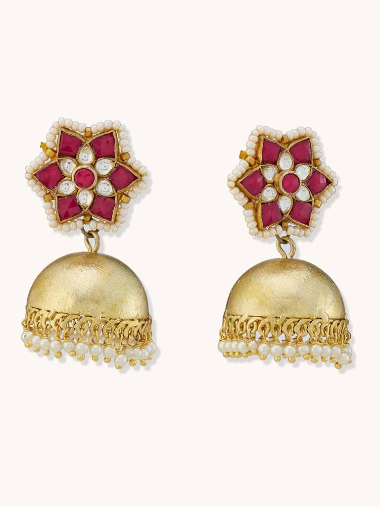 Elegant Gold-Plated Jhumka Earrings With Ruby And Pearl Accents : YI24A0193E