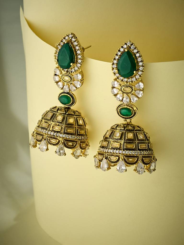 Regal Gold And Emerald Jhumka Earrings With Crystal Accents : YI24A0200E