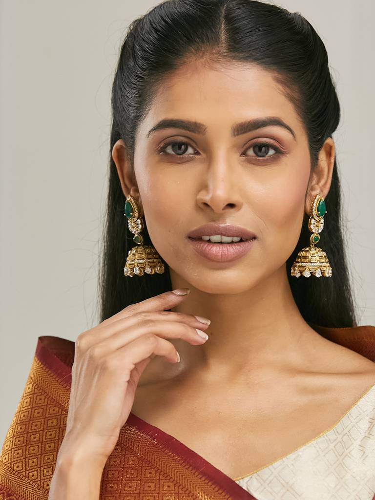 Regal Gold And Emerald Jhumka Earrings With Crystal Accents : YI24A0200E