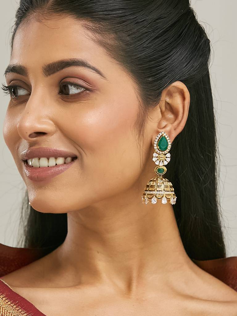 Regal Gold And Emerald Jhumka Earrings With Crystal Accents : YI24A0200E