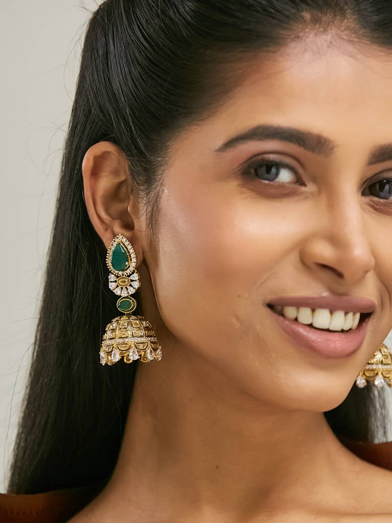 Regal Gold And Emerald Jhumka Earrings With Crystal Accents : YI24A0200E
