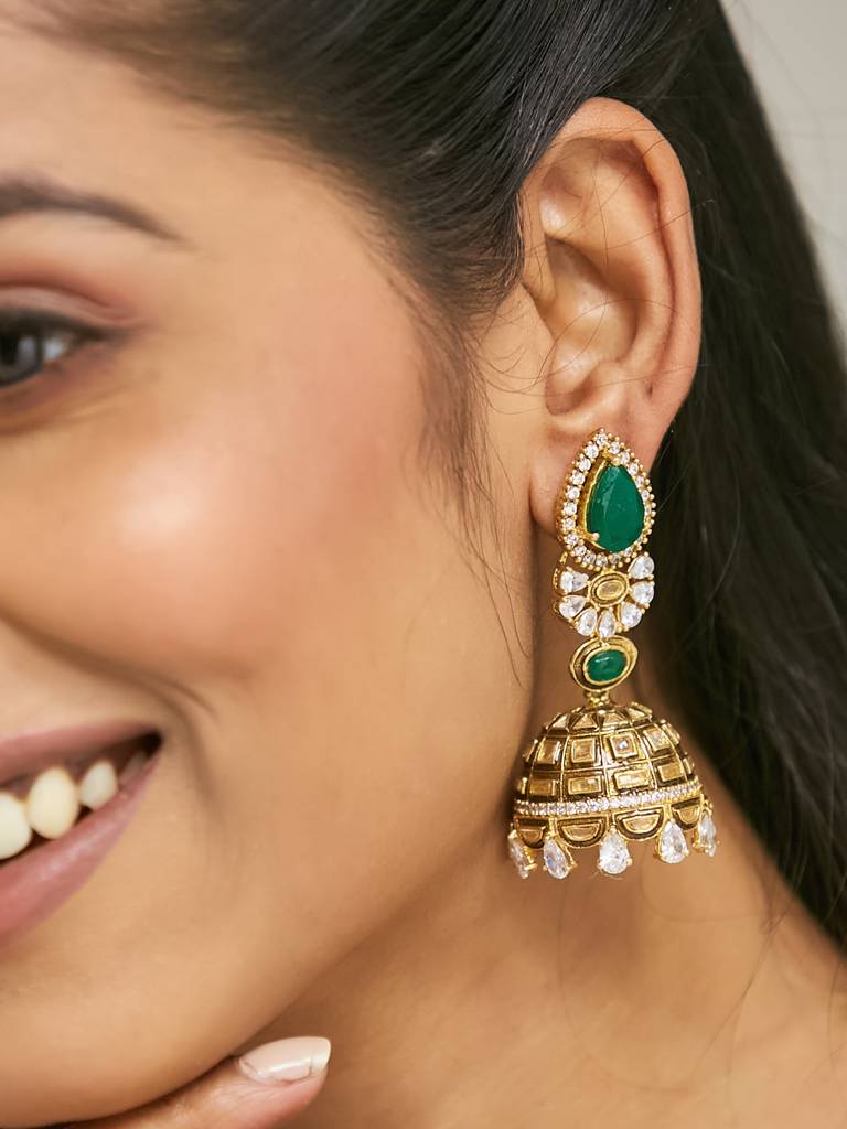 Regal Gold And Emerald Jhumka Earrings With Crystal Accents : YI24A0200E