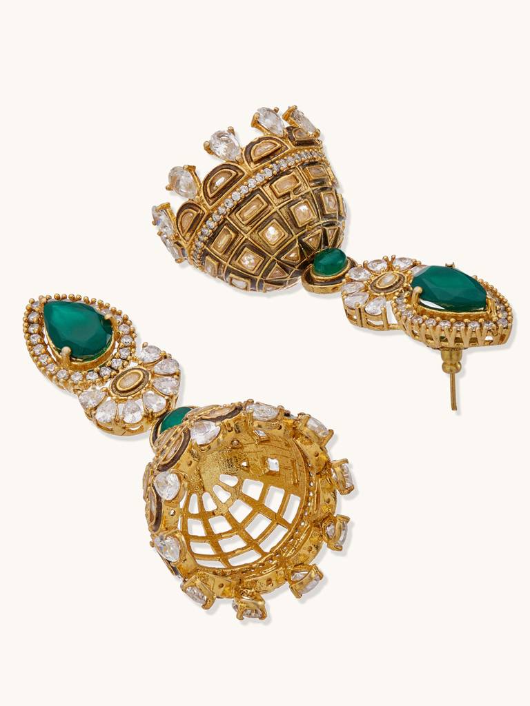 Regal Gold And Emerald Jhumka Earrings With Crystal Accents : YI24A0200E