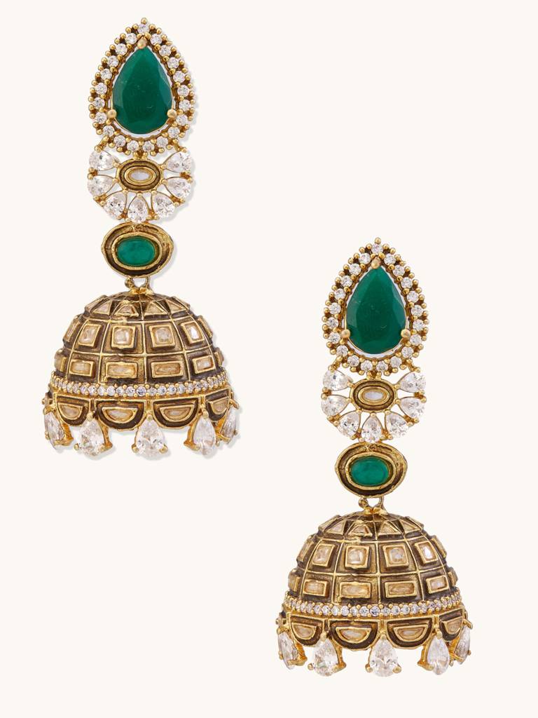 Regal Gold And Emerald Jhumka Earrings With Crystal Accents : YI24A0200E