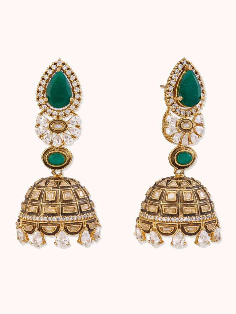 Regal Gold And Emerald Jhumka Earrings With Crystal Accents : YI24A0200E