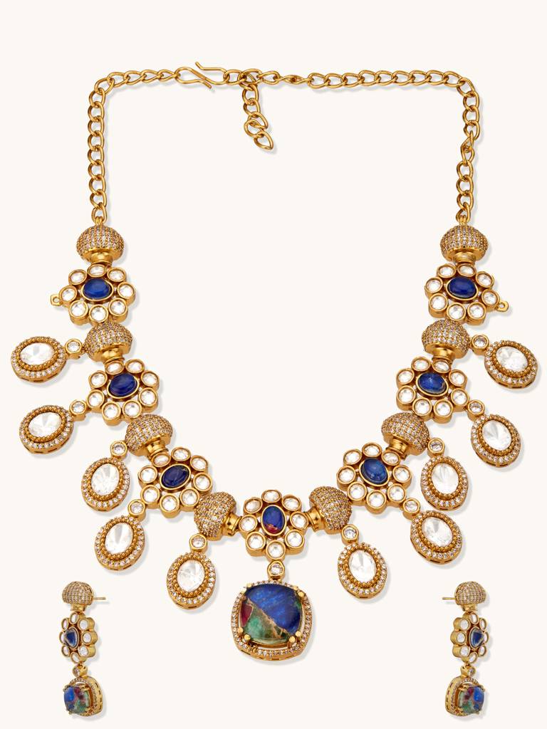 Opulent Gold And Blue Gemstone Statement Necklace With Earrings Set : YI24A0233N