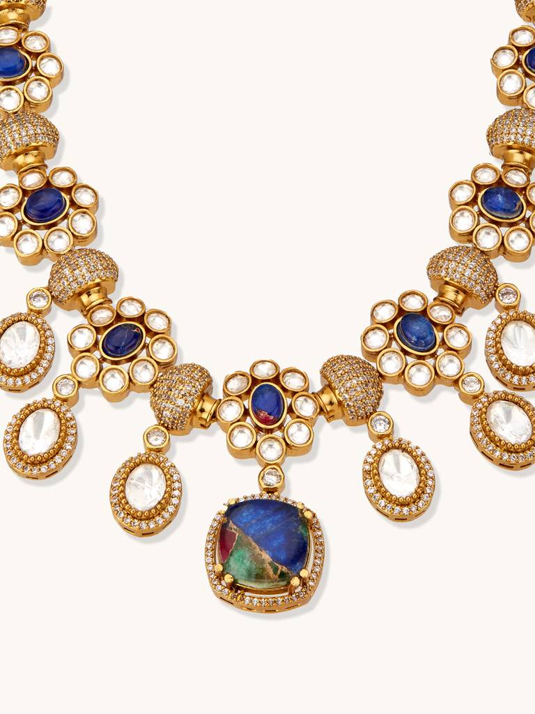 Opulent Gold And Blue Gemstone Statement Necklace With Earrings Set : YI24A0233N