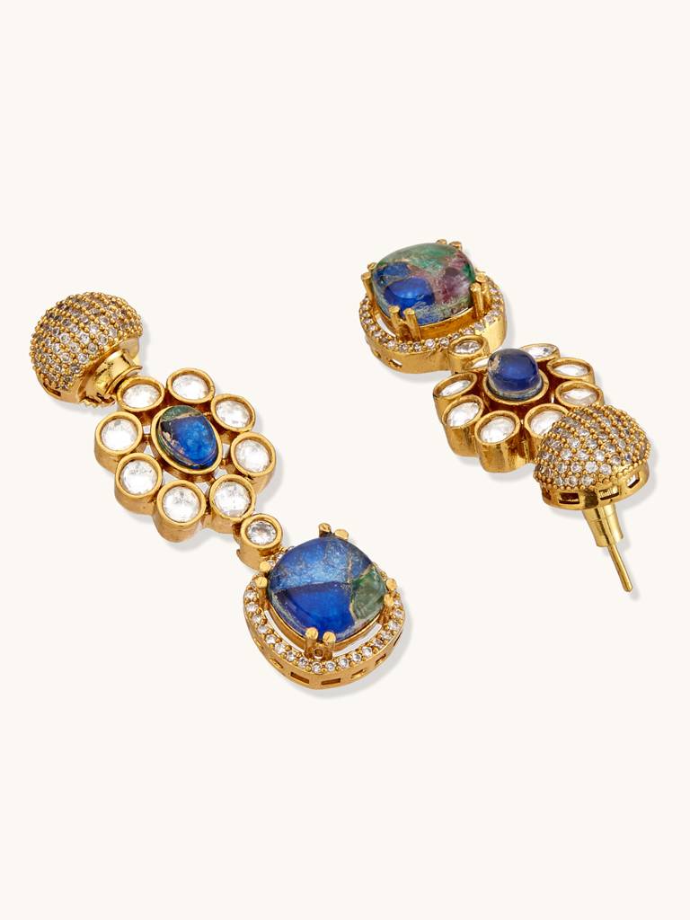 Opulent Gold And Blue Gemstone Statement Necklace With Earrings Set : YI24A0233N