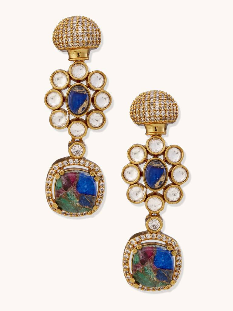 Opulent Gold And Blue Gemstone Statement Necklace With Earrings Set : YI24A0233N