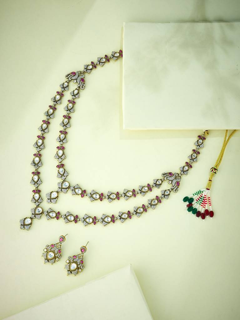 Elegant Double-Layered Diamond Necklace Set With Ruby Accents : YI24A0230N