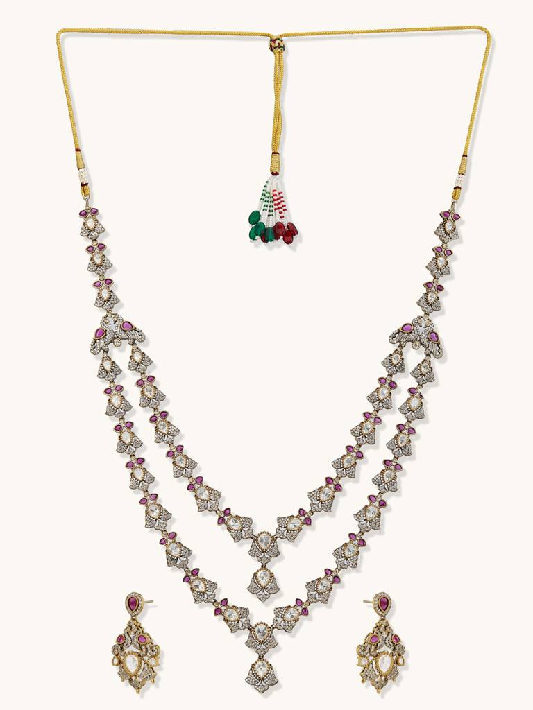 Elegant Double-Layered Diamond Necklace Set With Ruby Accents : YI24A0230N