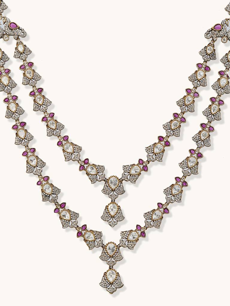 Elegant Double-Layered Diamond Necklace Set With Ruby Accents : YI24A0230N