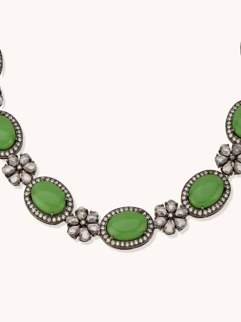 Vintage Green Gemstone Floral Necklace And Earring Set : YI24A0222N