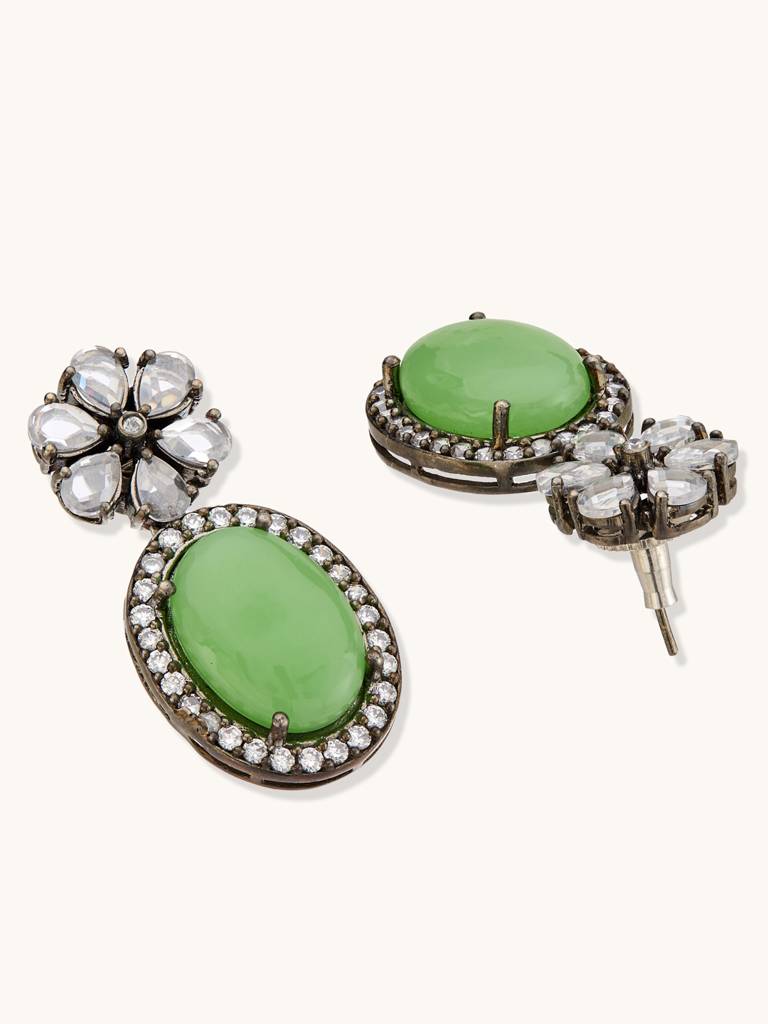 Vintage Green Gemstone Floral Necklace And Earring Set : YI24A0222N