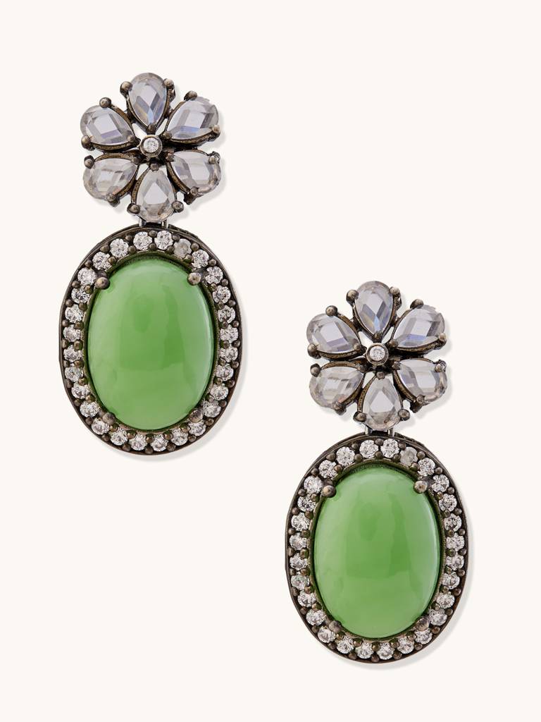 Vintage Green Gemstone Floral Necklace And Earring Set : YI24A0222N