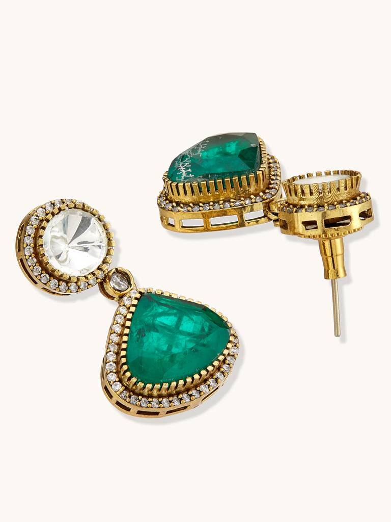 Elegant Gold And Green Gemstone Necklace Set With Earrings : YI24A0231N