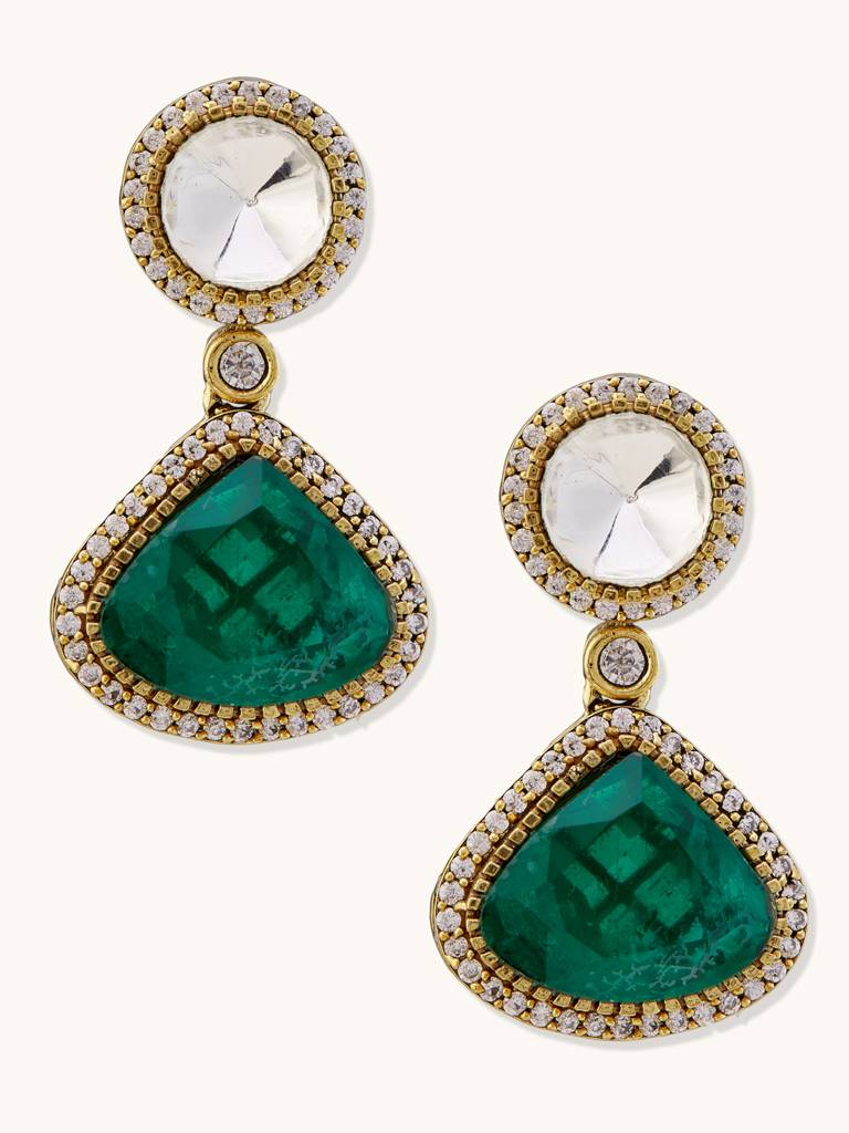 Elegant Gold And Green Gemstone Necklace Set With Earrings : YI24A0231N
