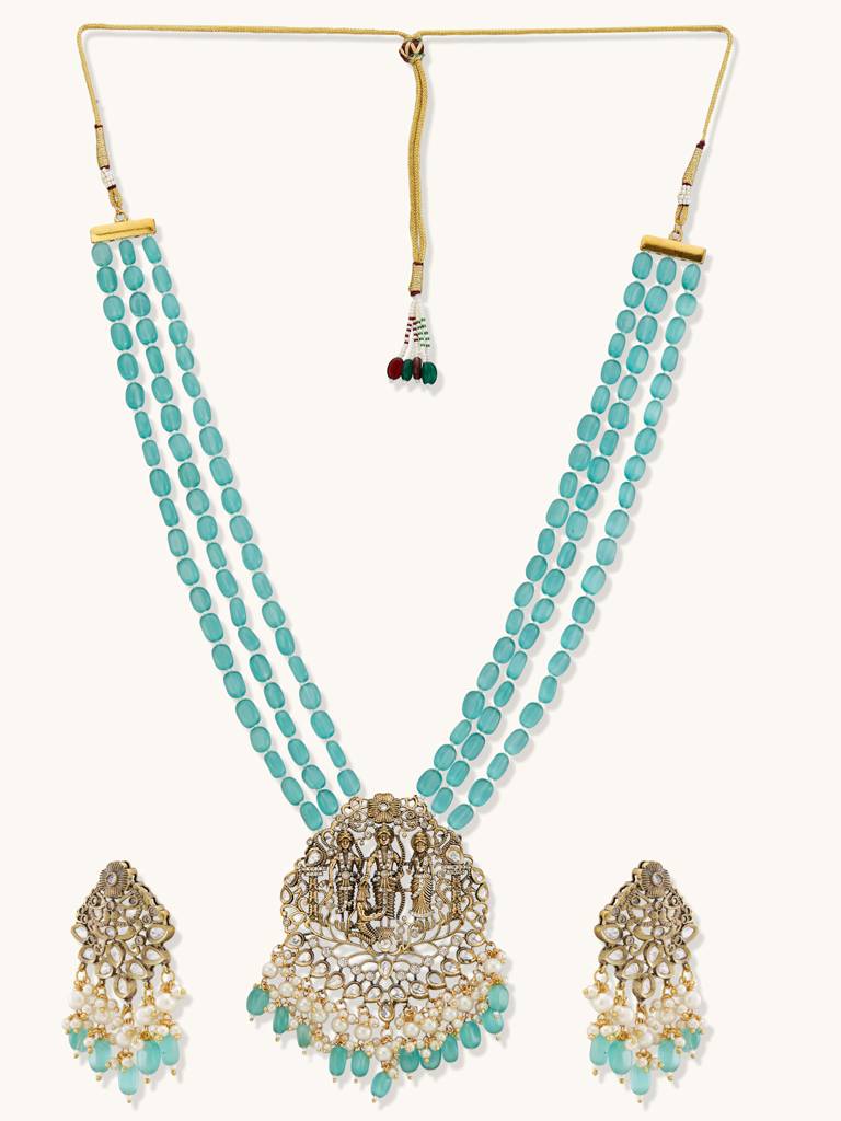 Elegant Turquoise Beaded Necklace Set With Intricate Pendant : YI24A0235N