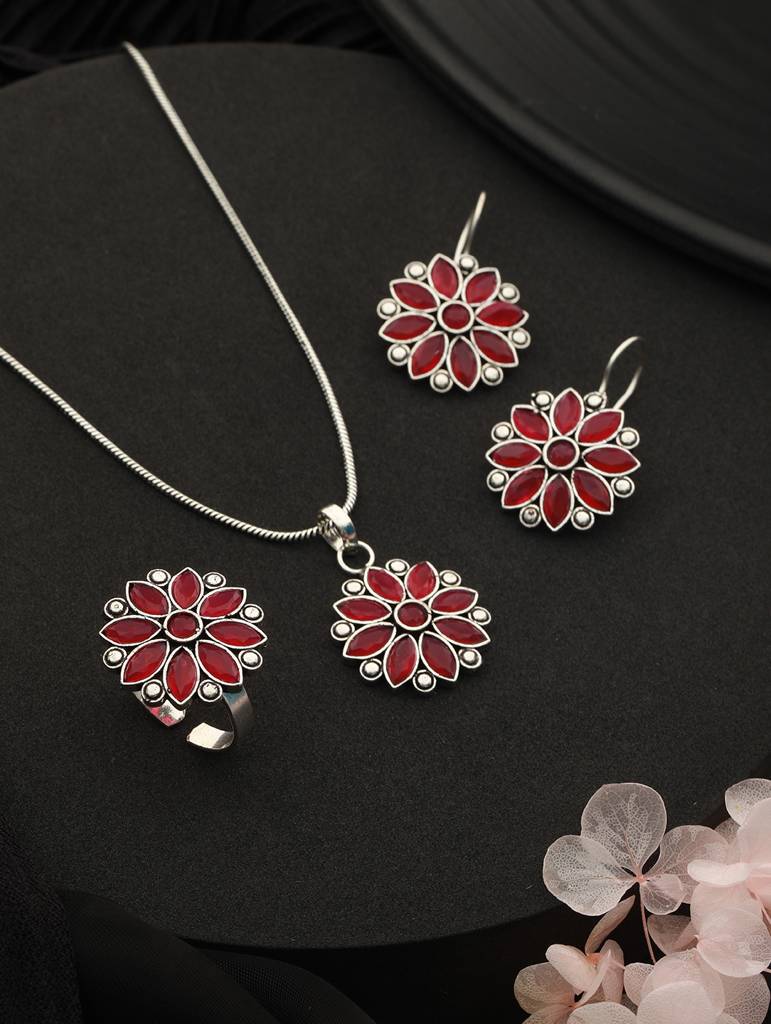 Silver Oxidised Red Stone Studded Combo Locket Jewellery Set : SJLK2011