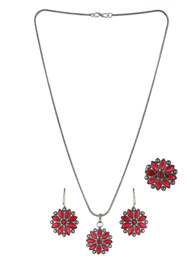 Silver Oxidised Red Stone Studded Combo Locket Jewellery Set : SJLK2011